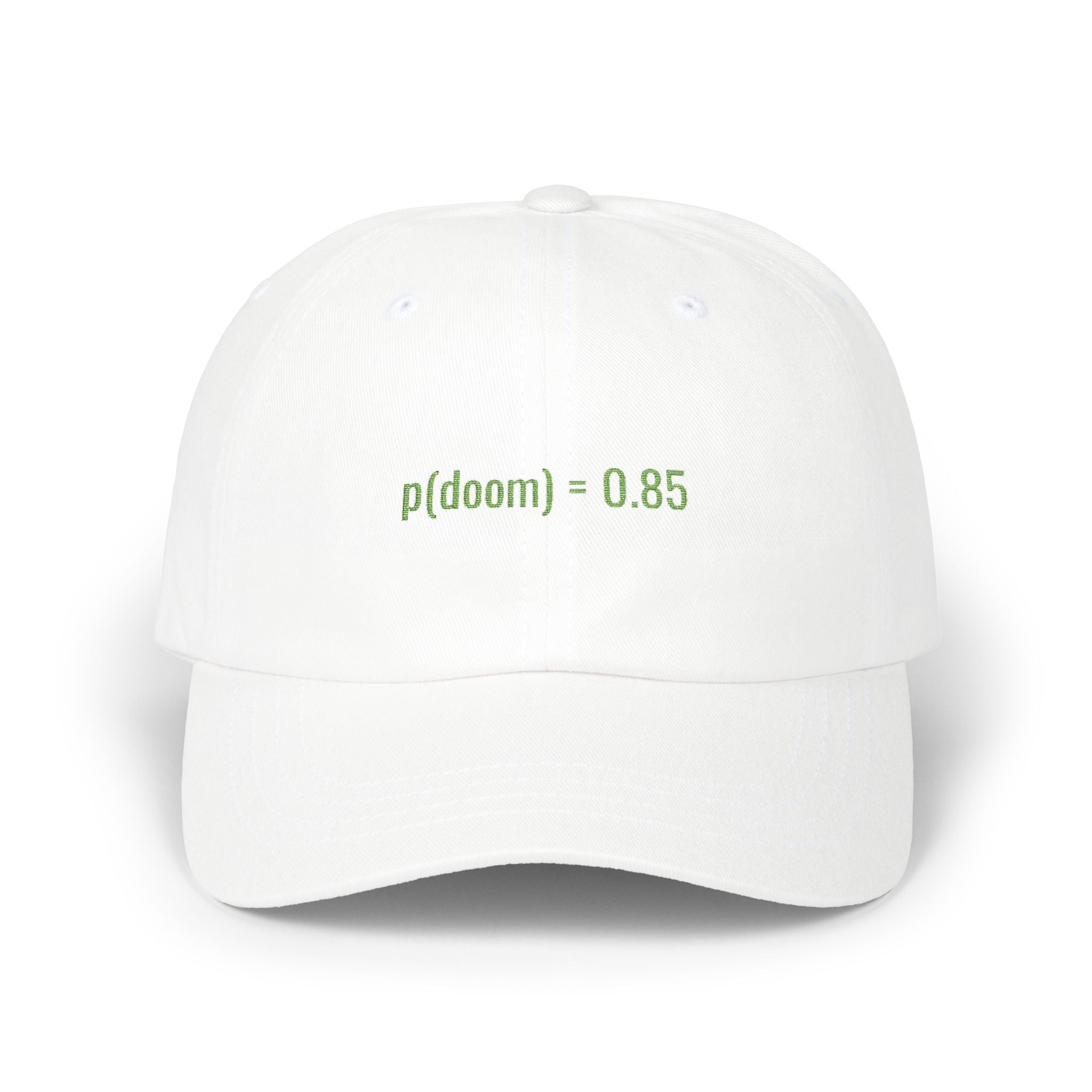 p(doom) 0.85 embroidered dad hat AI safety merch
